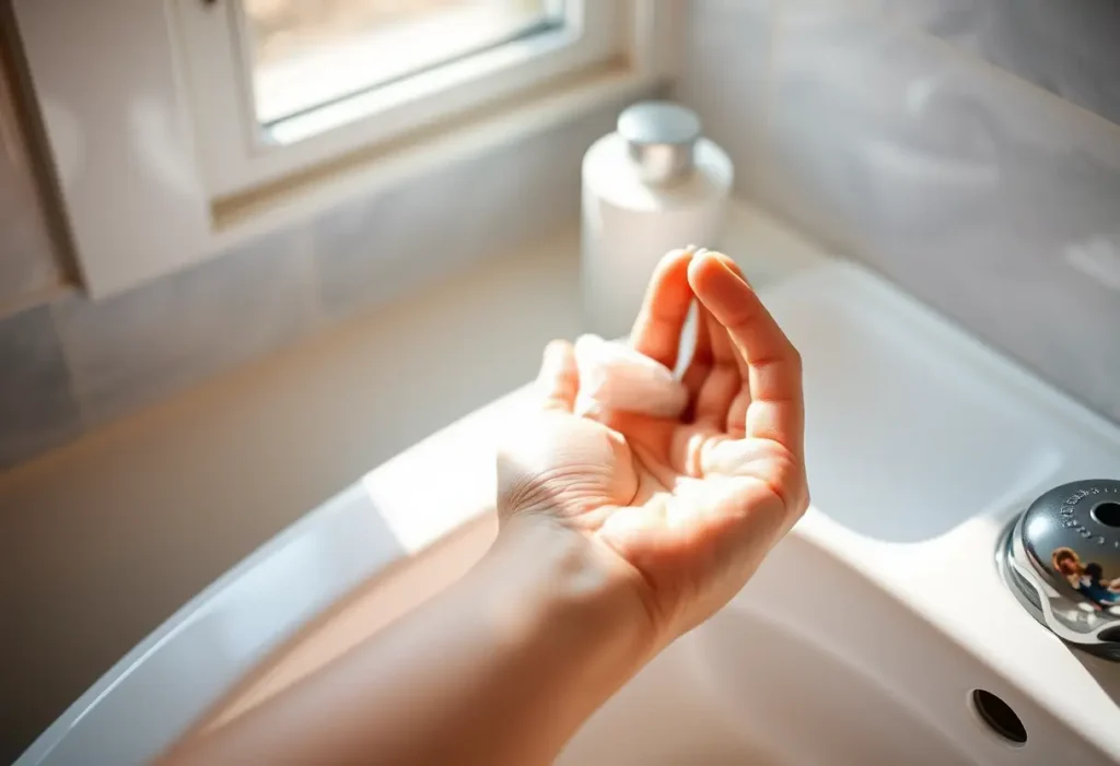 Une main féminine serre délicatement un petit gant de toilette dans une salle de bain au matin