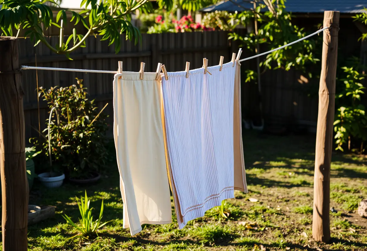 Un tas de linges suspendus sur une corde à linge en bois dans un jardin, éclairés par le soleil de l'après-midi