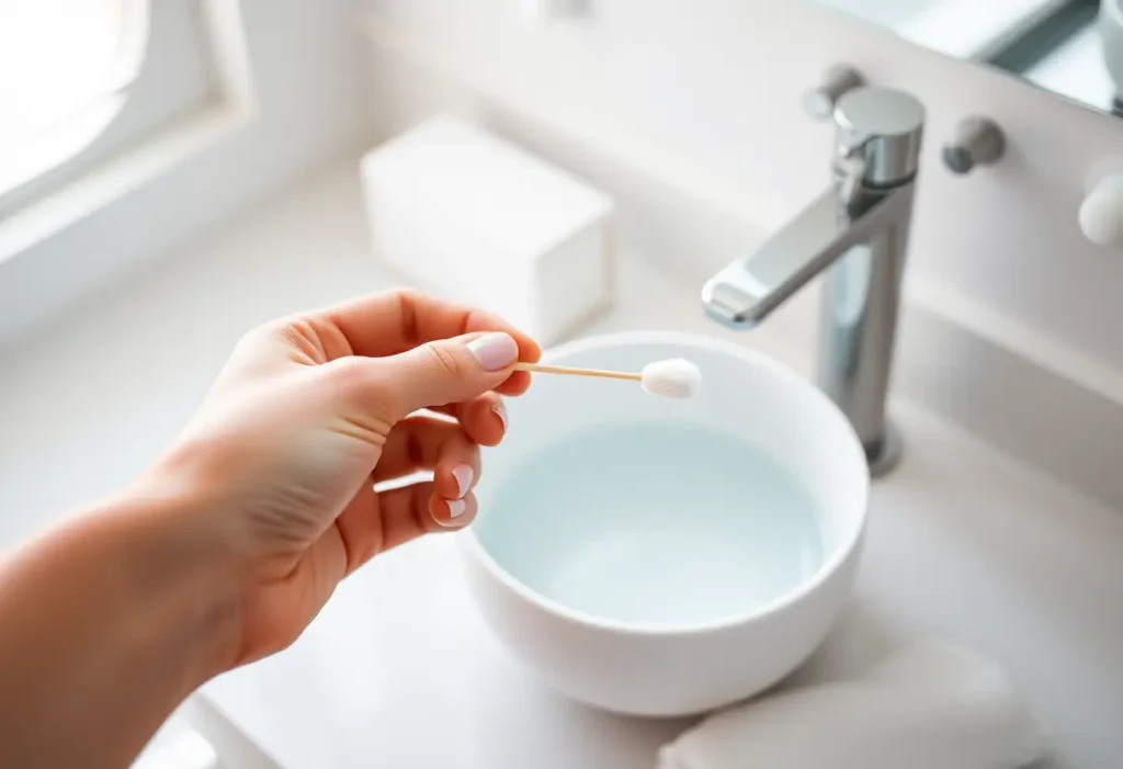 Main: une main féminine tient un coton-tige près d'un bol d'eau sur une table de toilette