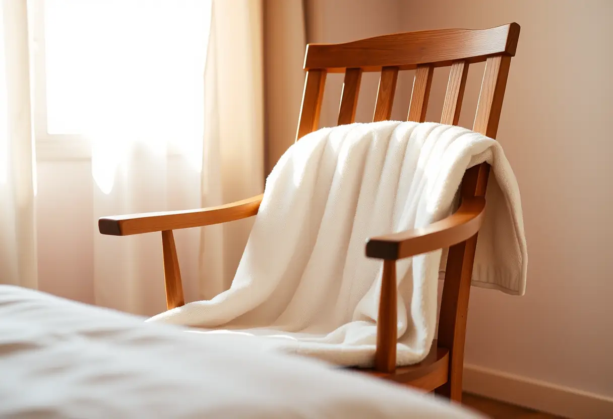 Main: un fauteuil en bois recouvert d'une serviette blanche dans une chambre, représentant le confort et l'importance de prendre soin de soi