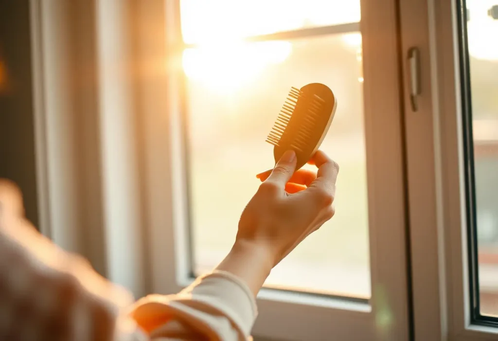 Une main féminine tient un pinceau en bois, brossant délicatement les cheveux