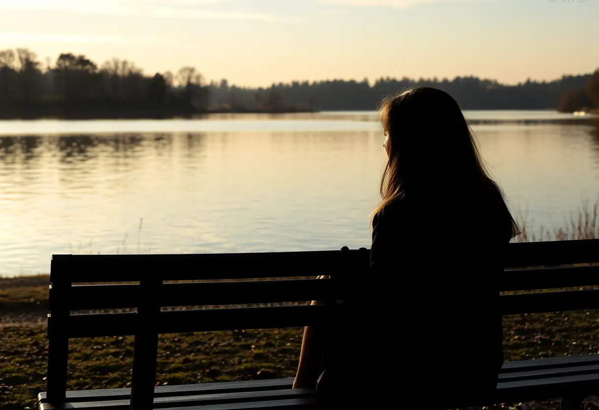 Une femme assise sur un banc de parc, ses mains gantées posées sur ses cuisses, contemplant un lac calme reflétant le ciel du soir