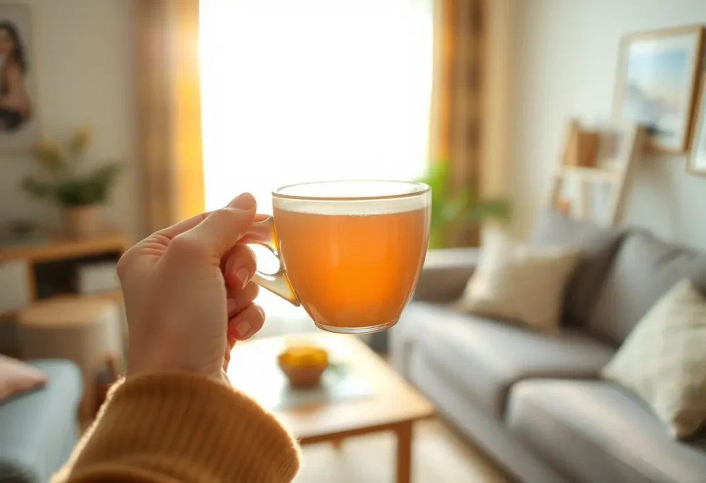 Une main tenant une tasse de thé chaud dans un salon accueillant, évoquant la sérénité et la bienveillance.