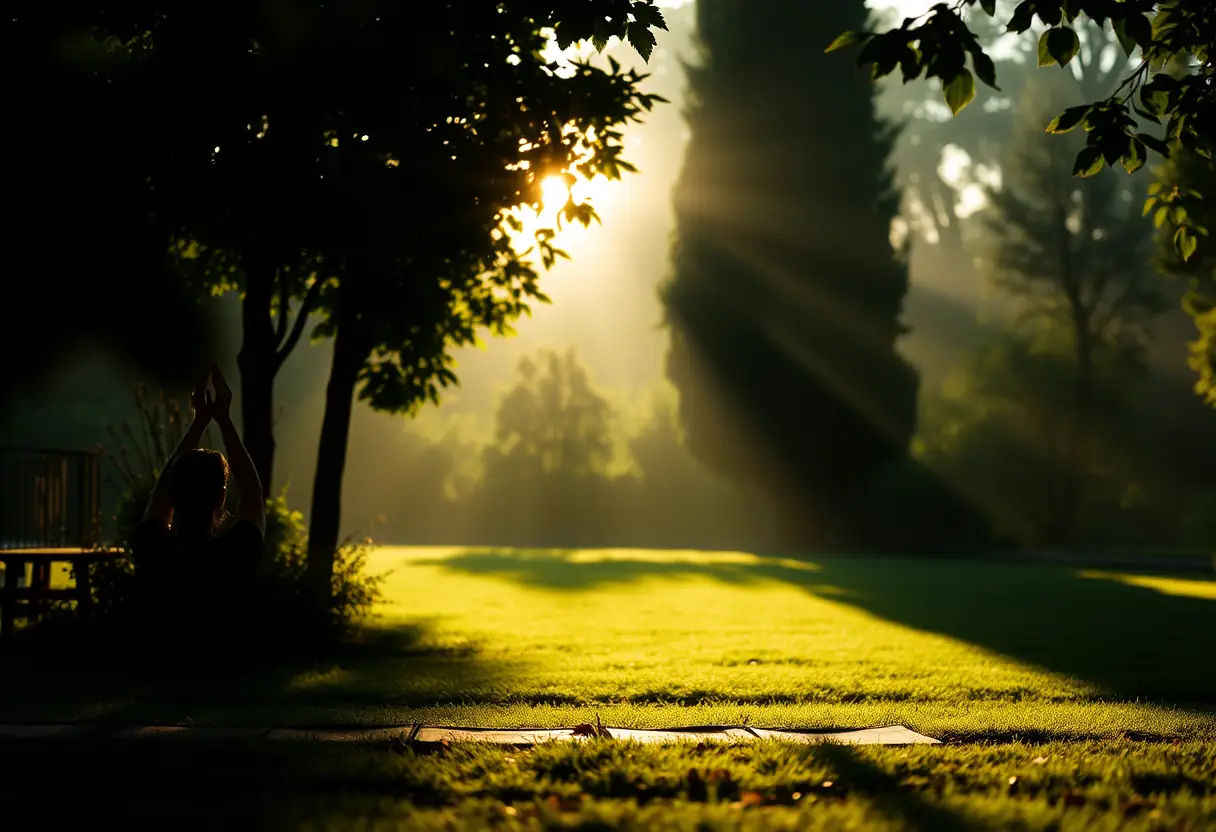 Une silhouette d'une femme pratiquant le yoga dans un jardin calme, éclairée par la lumière du matin, symbolisant la sérénité et la confiance en soi.