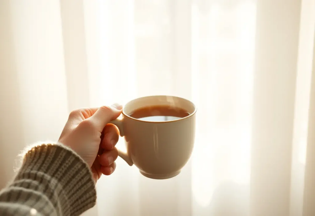 Une main féminine tient une tasse de céramique pleine de thé chaud, lumière du matin douce