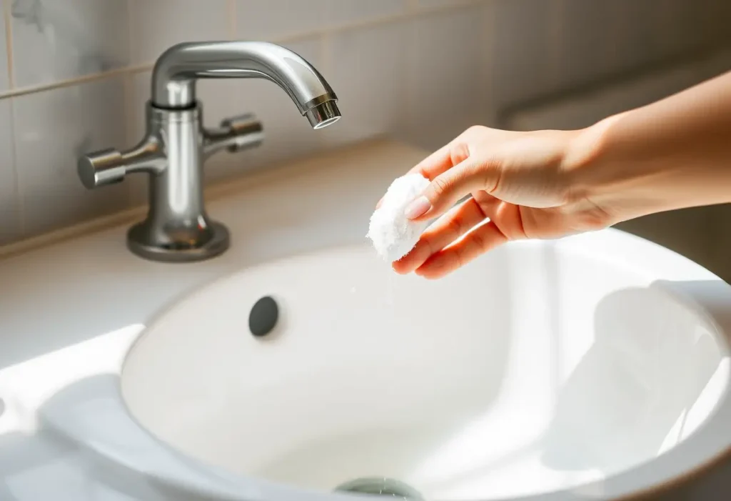 Mainière de verser du bicarbonate de soude dans un lavabo