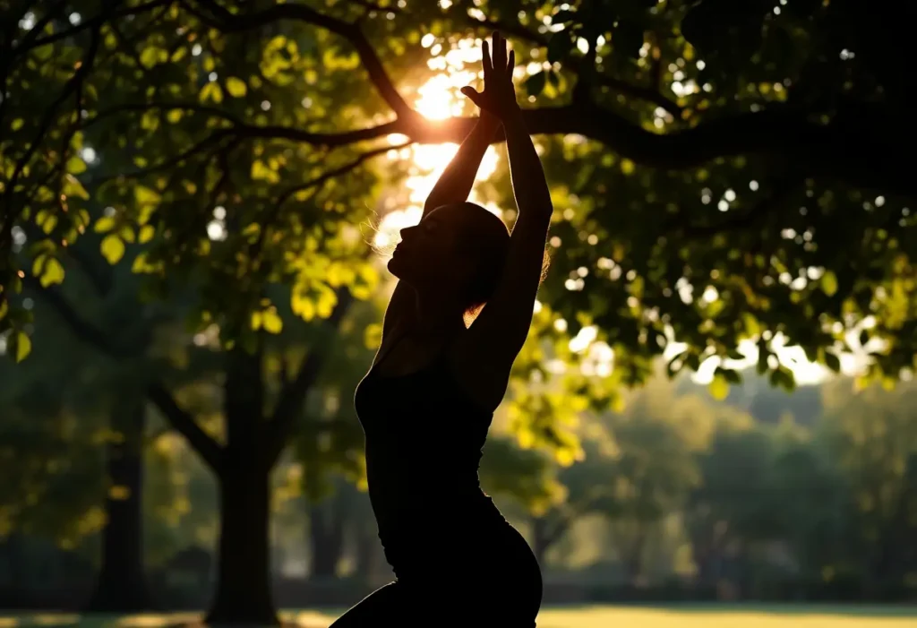 Silhouette d'une femme pratiquant le yoga dans un parc, lumière naturelle
