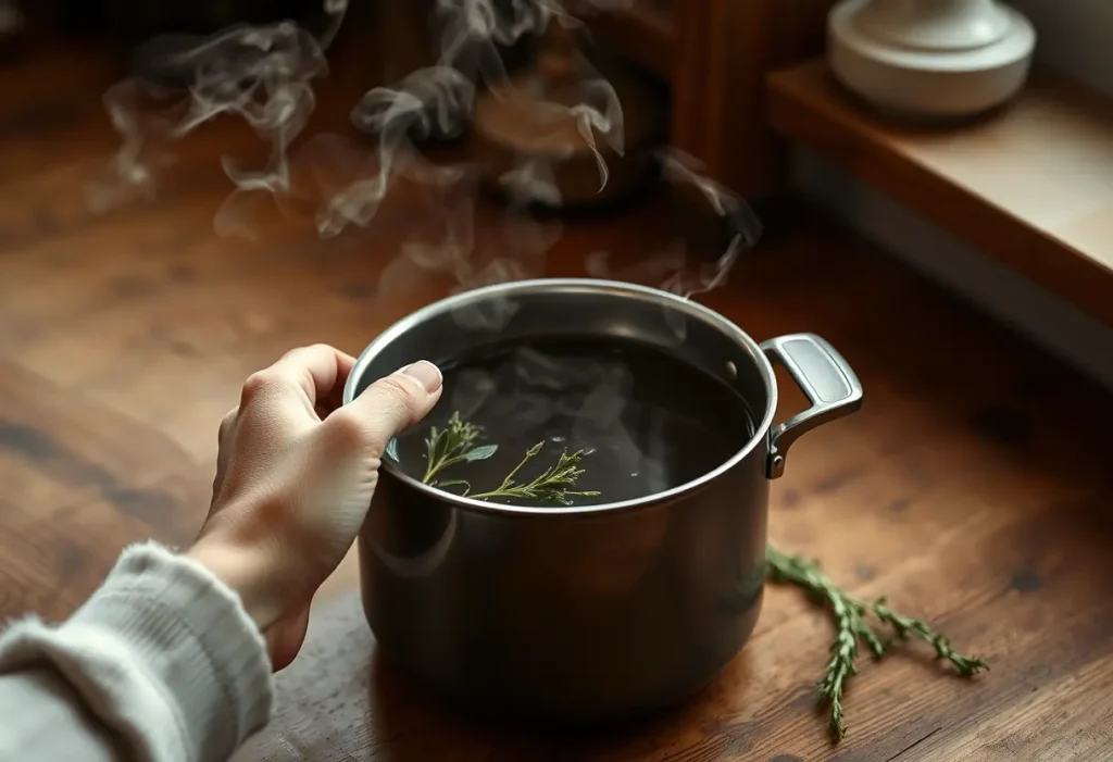 Des mains préparent une infusion d'herbes apaisantes