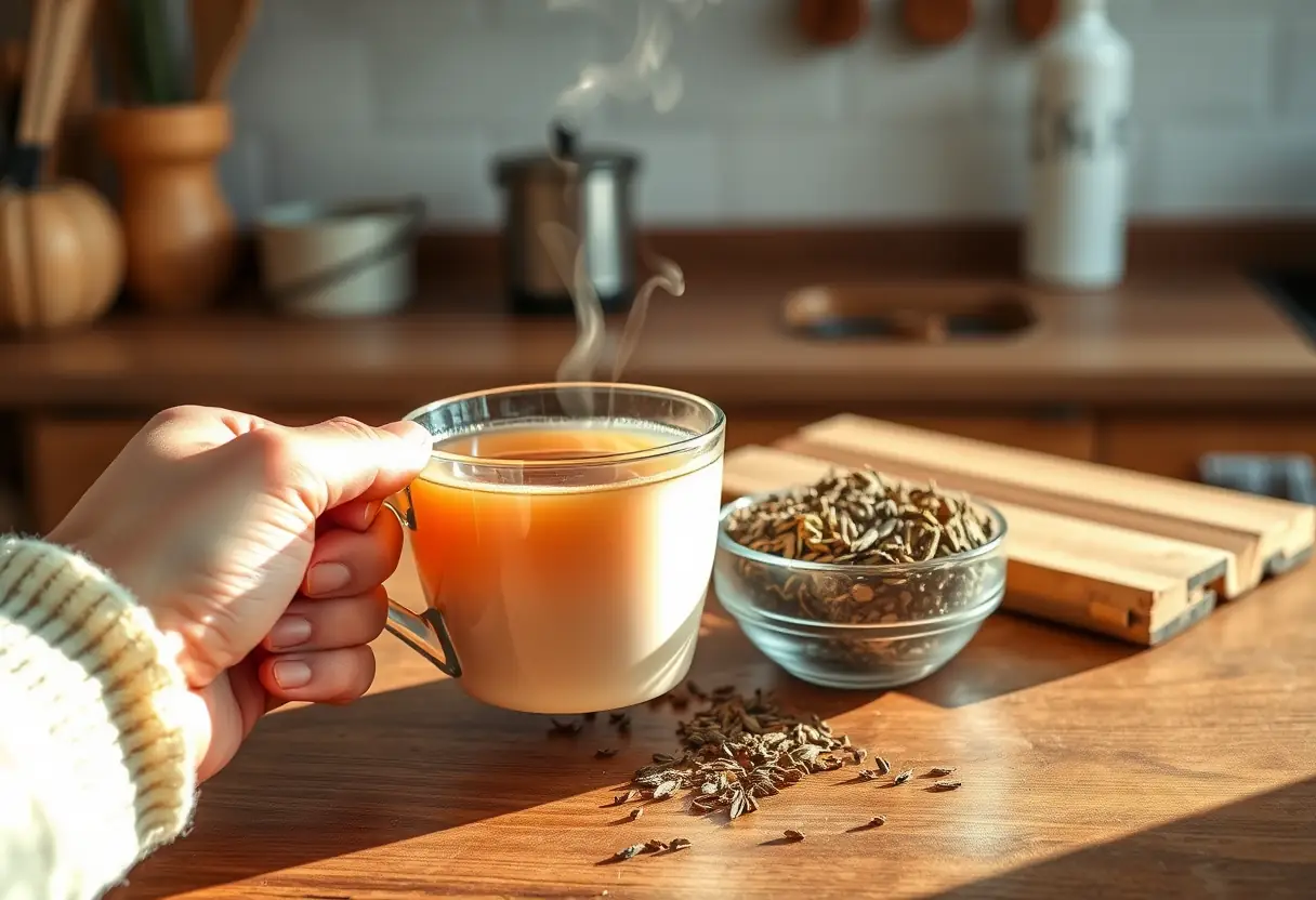 Une main tient une tasse de thé aromatisé près d'un bol de plantes sèches, éclairé par la lumière du jour
