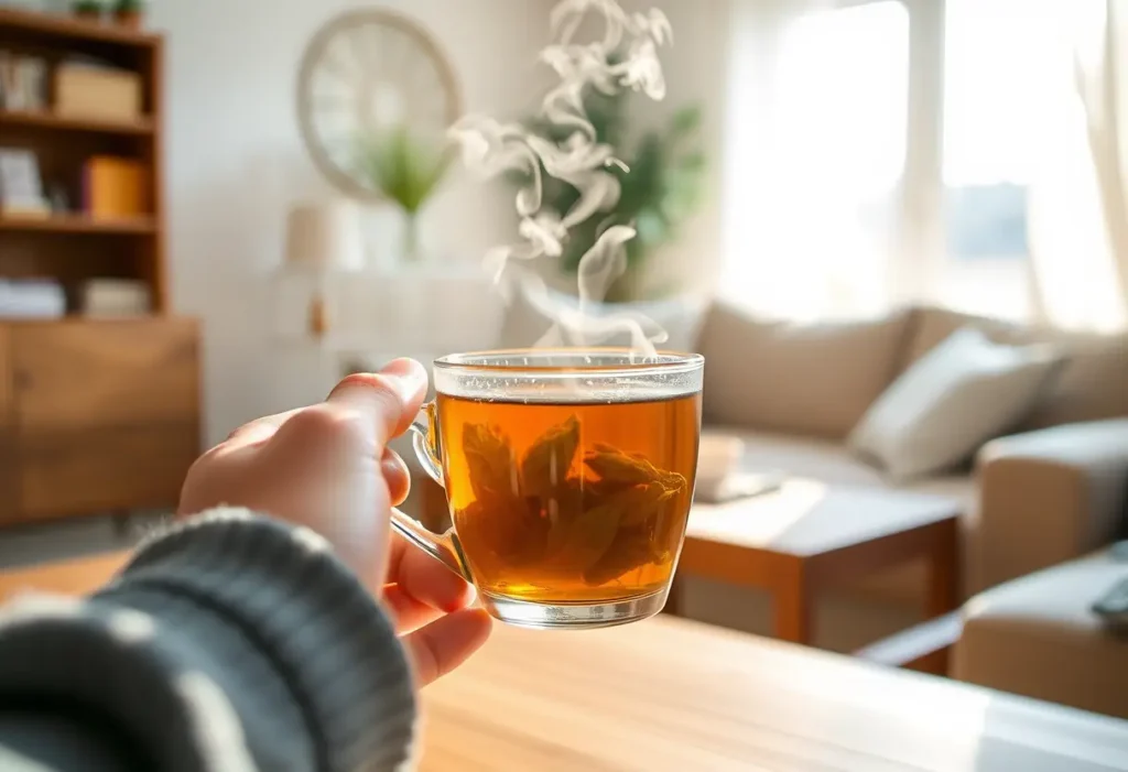 Une main tient une tasse de thé, dans un salon accueillant, lumière naturelle