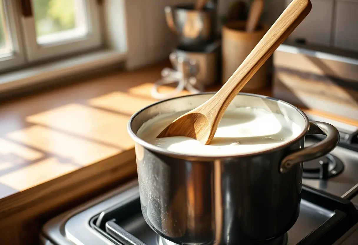 Une cuillère en bois mélange du yaourt maison sur une cuisinière, lumière naturelle