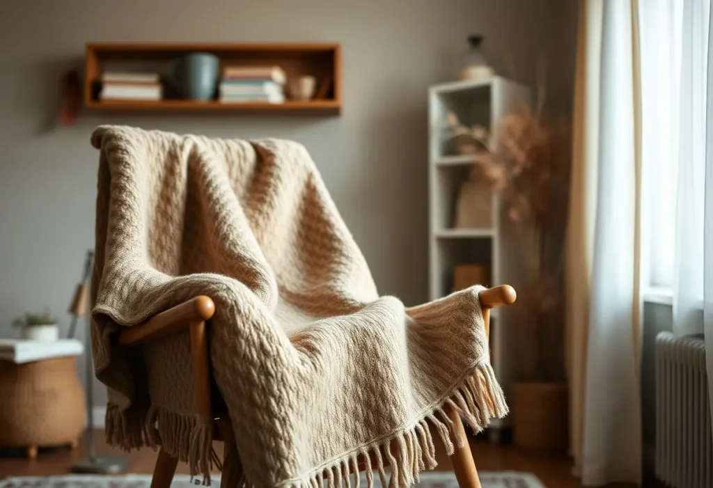 Un plaid en laine posé sur une chaise, apportant réconfort aux douleurs menstruelles