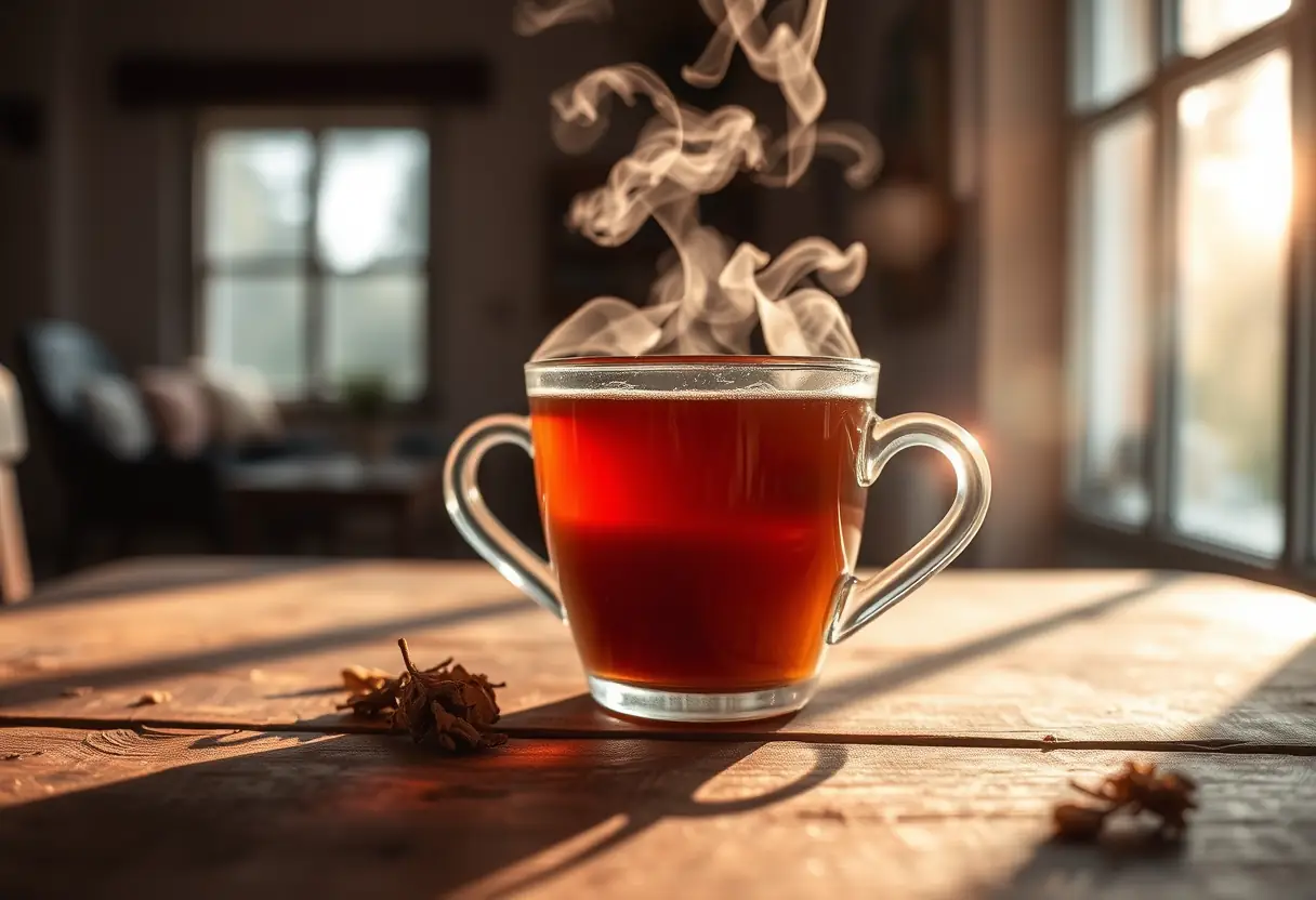 Une tasse fumante de thé herbagère sur une table en bois, offrant réconfort durant les règles douloureuses