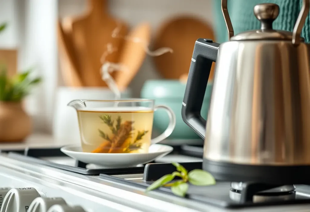 Un whistlement de théière sur une cuisinière alors qu'elle prépare une tisane pour se détendre