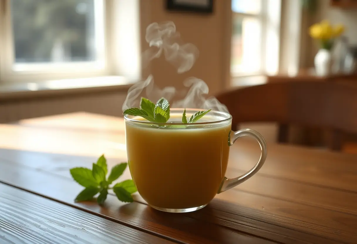 Une tasse de thé herbeux fumant sur une table de cuisine, offrant apaisement et soulagement