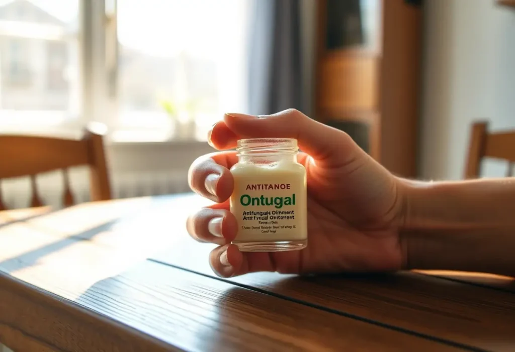 Une main tenant une petite bouteille en verre contenant une crème antifongique sur une table en bois