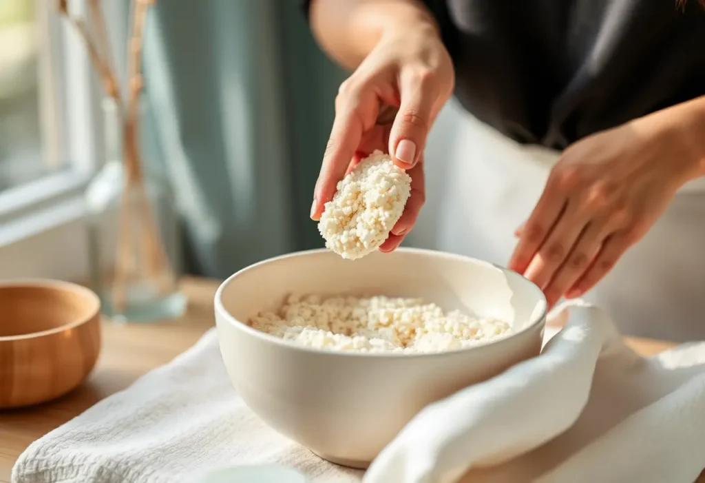 Une main féminine verse des grains exfoliants dans un bol, préparant un soin du corps, bien-être personnel