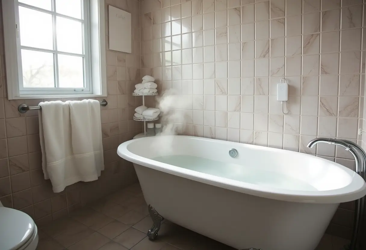 Une baignoire blanche remplie d'eau chaude dans une salle de bains, avec une serviette accrochée près du lavabo, ambiance apaisante
