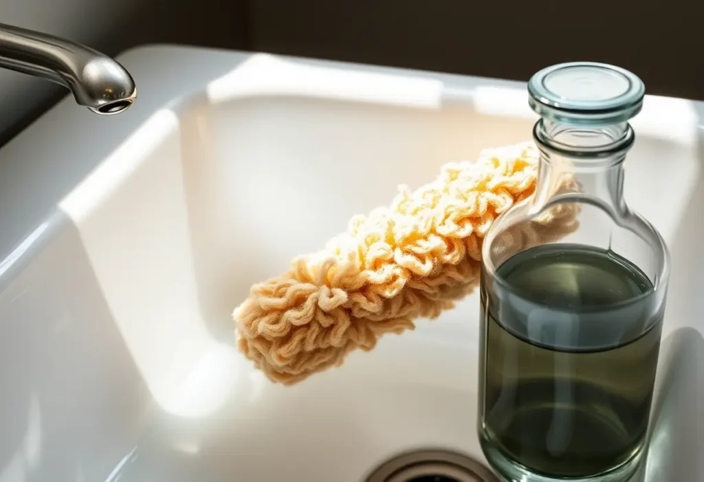 Un lavabo avec des ustensiles de toilette pour le gommage du corps