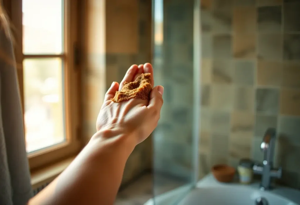Une main appliquant une exfoliation à sucre brun sur un bras dans une salle de bain accueillante, éclairée par la lumière du jour