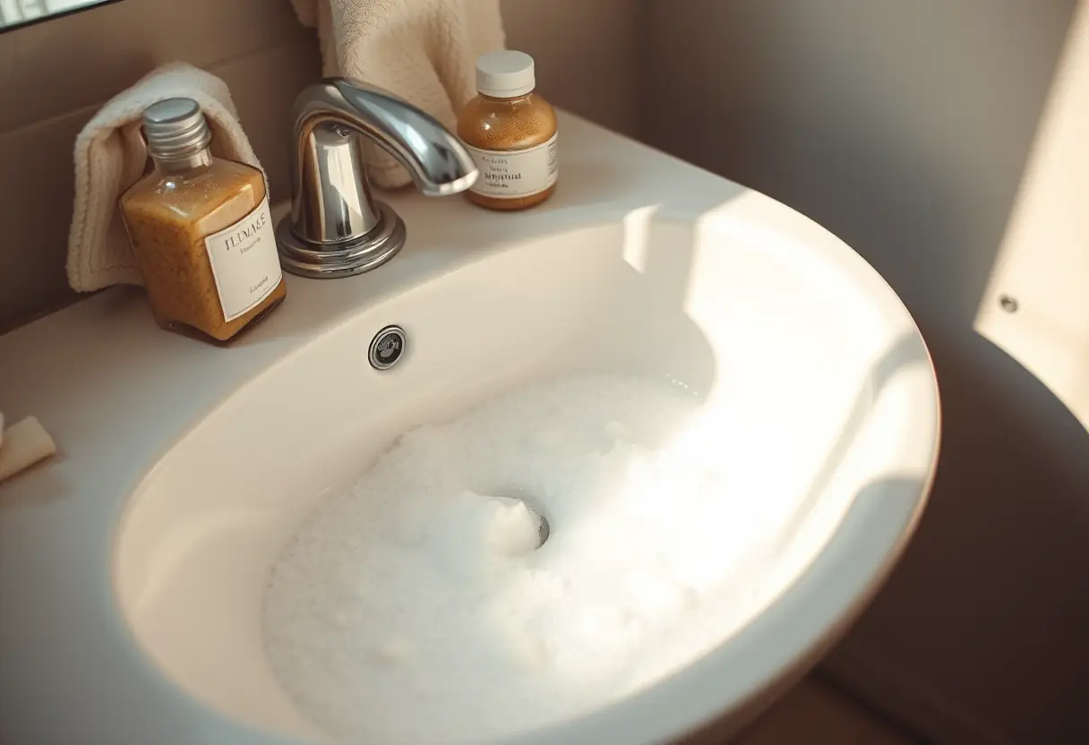 Un plan rapproché d'un lavabo en porcelaine blanche rempli de mousse de savon, à côté une bouteille contenant un gommage maison, dans une salle de bains éclairée doucement