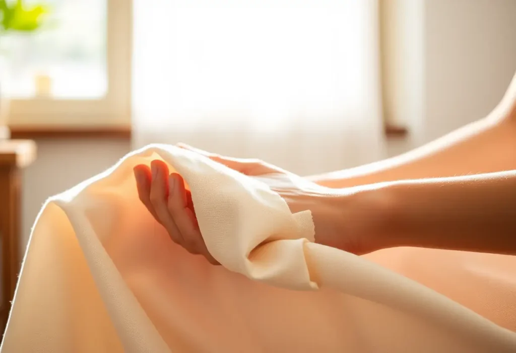 Main : une main féminine plie délicatement un tissu en coton chez elle, évoquant le bien-être et la sérénité