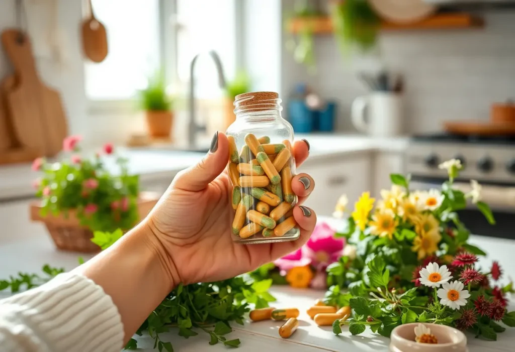 Une main féminine tient une bouteille contenant des capsules d'herbes, dans une cuisine sereine, éclairée naturellement.