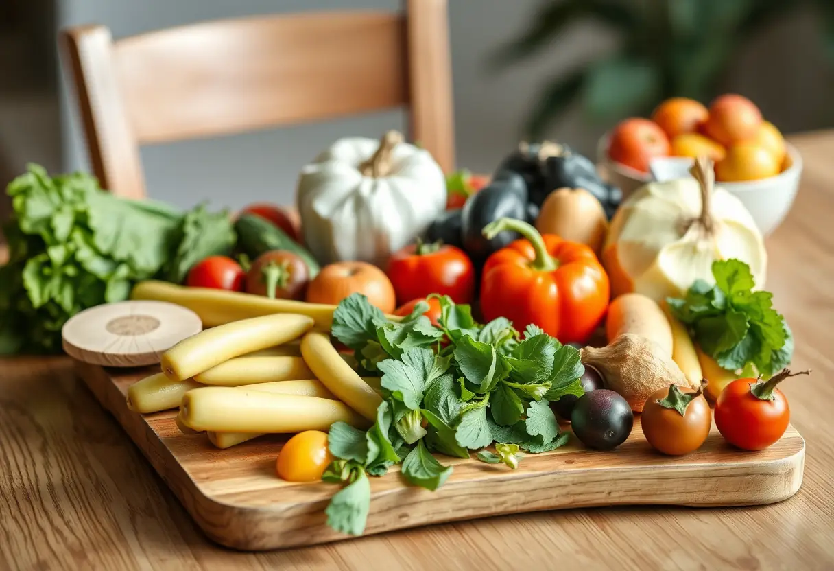 Un plan de travail en bois garni de légumes et de fruits variés, illustrant une alimentation équilibrée pour les symptômes prémenstruels.