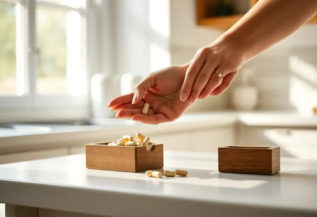 Main de femme versant une capsule près d'un boîtier à médicaments sur une étagère de cuisine