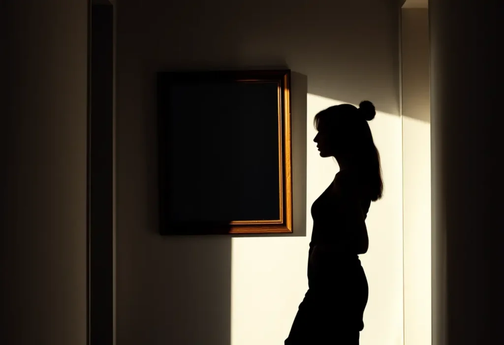 Un profil féminin se reflétant dans un miroir accroché à un cadre de photo en bois, dans un couloir étroit