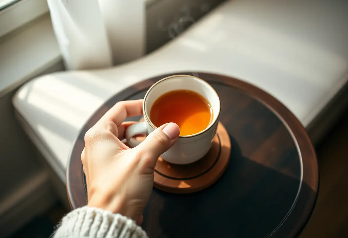 Une main féminine tenant une tasse de thé en porcelaine posée sur un plateau en bois, évoquant chaleur et bien-être