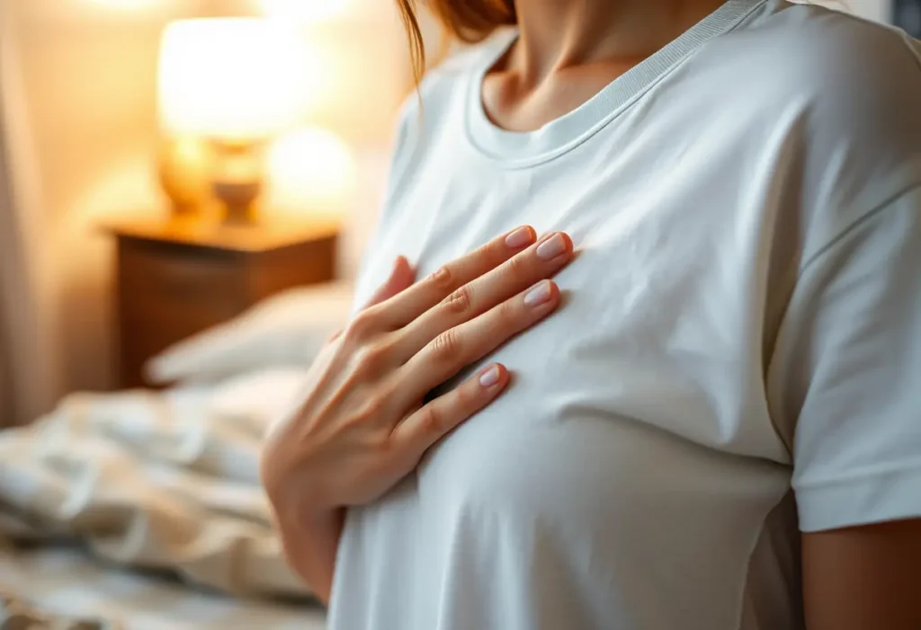 Une main féminine caresse doucement un T-shirt en coton, dans une chambre accueillante