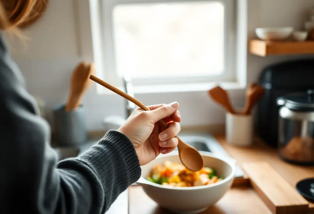 Main: Une main féminine tient une cuillère en bois pendant la préparation d'un repas, illustrant les routines de soins quotidiens.