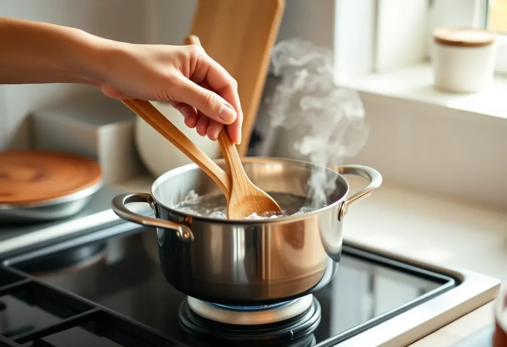 Une main posant une cuillère en bois dans une marmite, symbolisant la douceur et la sérénité