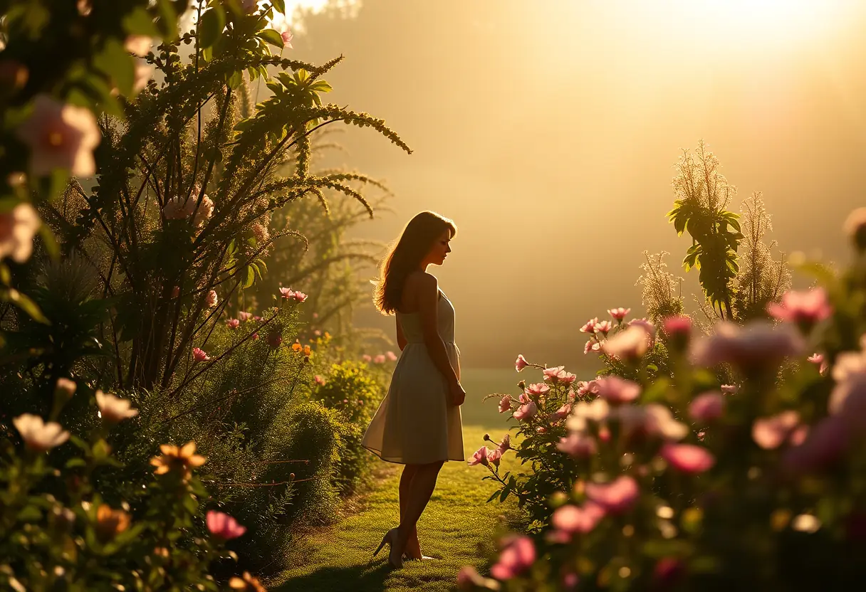 Une femme en silhouette dans un jardin fleuri, évoquant la sérénité et l’harmonie avec la nature
