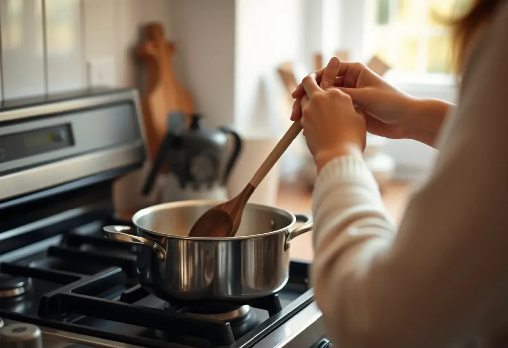 Une main féminine tient une cuillère en bois dans une cuisine chaleureuse, éclairée naturellement.