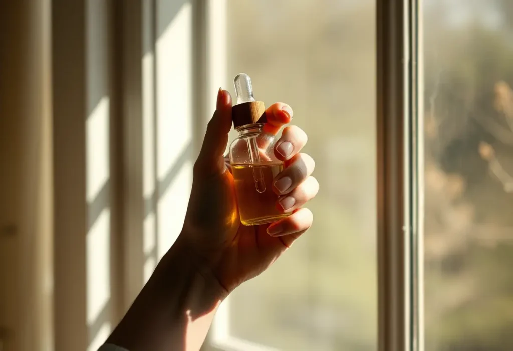 Main de femme tenant une bouteille en bois avec un liquide, lumière naturelle