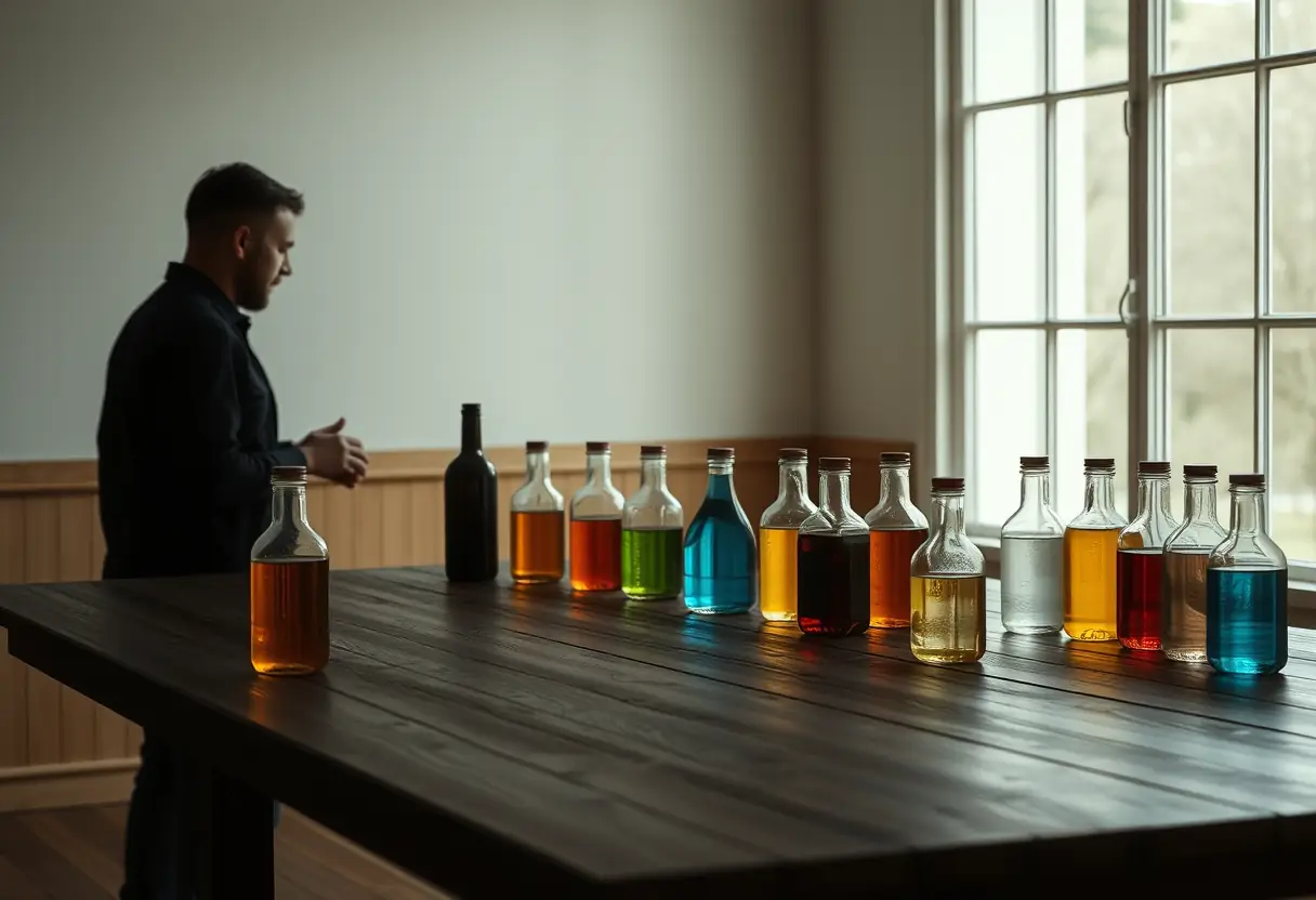 Silhouette de personne près d'une table en bois avec des bouteilles en verre contenant des liquides colorés