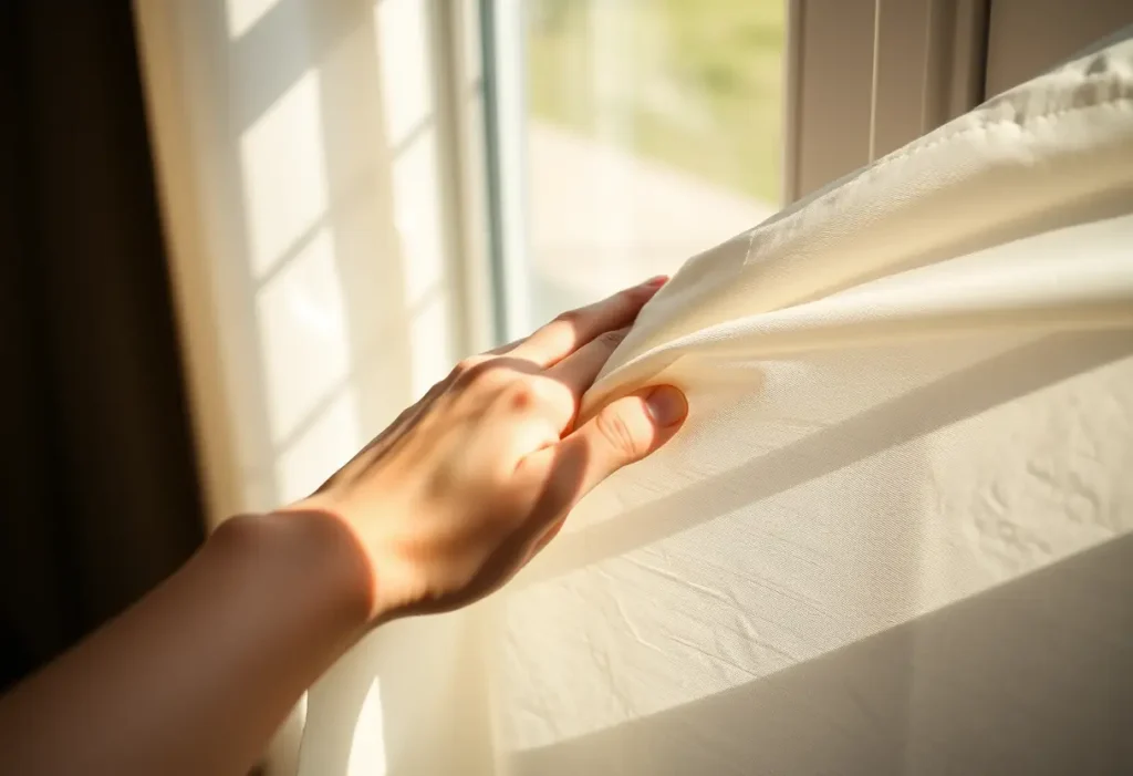 Main: Une main féminine qui plie délicatement un morceau de tissu, symbolisant la confiance en soi.