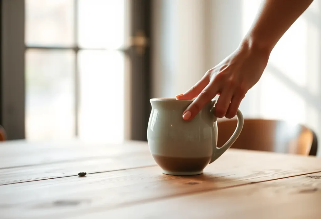 Une main posant délicatement une tasse en porcelaine sur une table en bois, lumière douce du matin