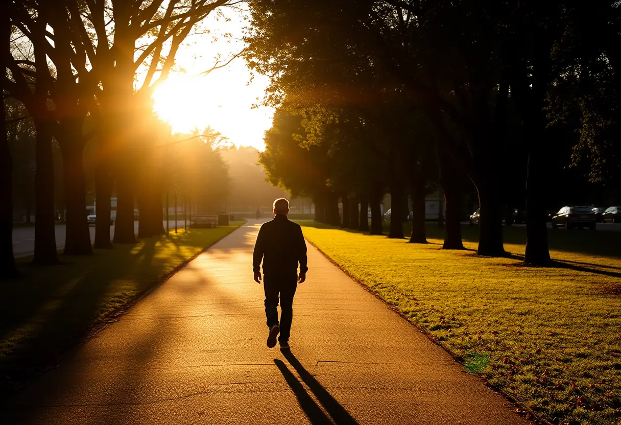 Un silhouetté marchant dans un parc ombragé, le soleil du soir allongeant les ombres