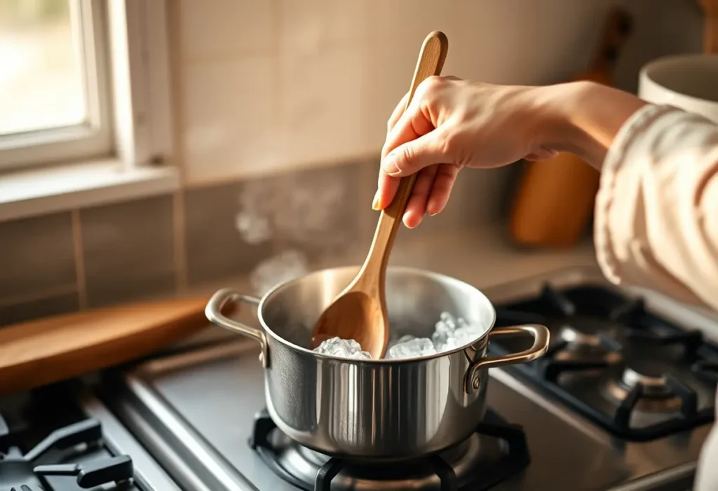 Une main tenant une cuillère en bois au-dessus d'une casserole sur une cuisinière, illustrant la confiance et l'estime de soi.