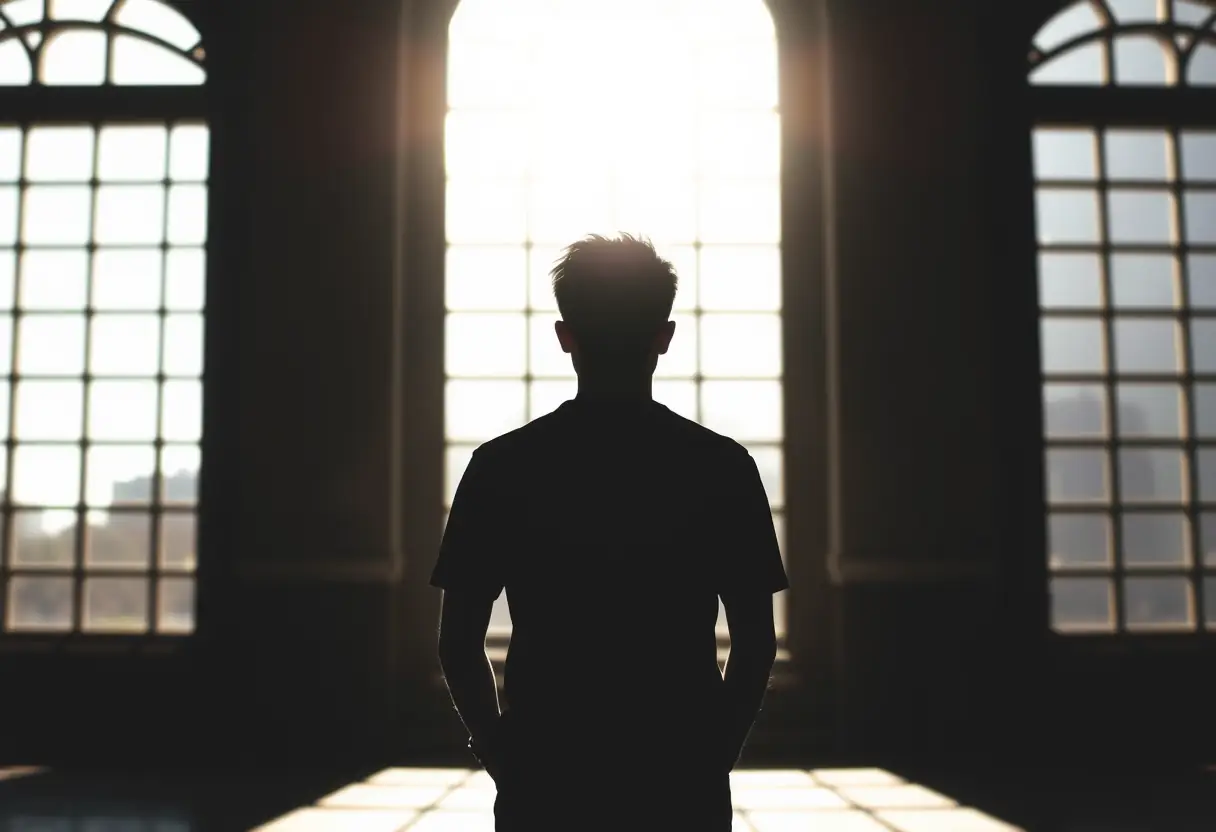 Un profil silhouetté devant une fenêtre inondée de lumière, symbolisant la sérénité et l'estime de soi.