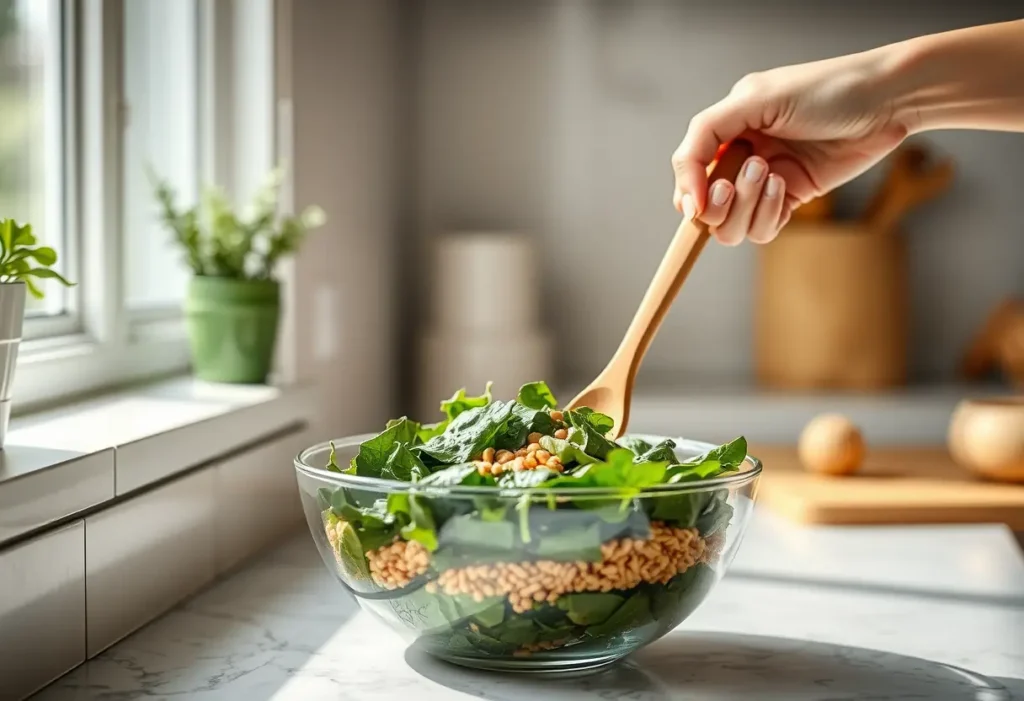 Mainière de mélanger des légumes verts et des céréales complètes en cuisine
