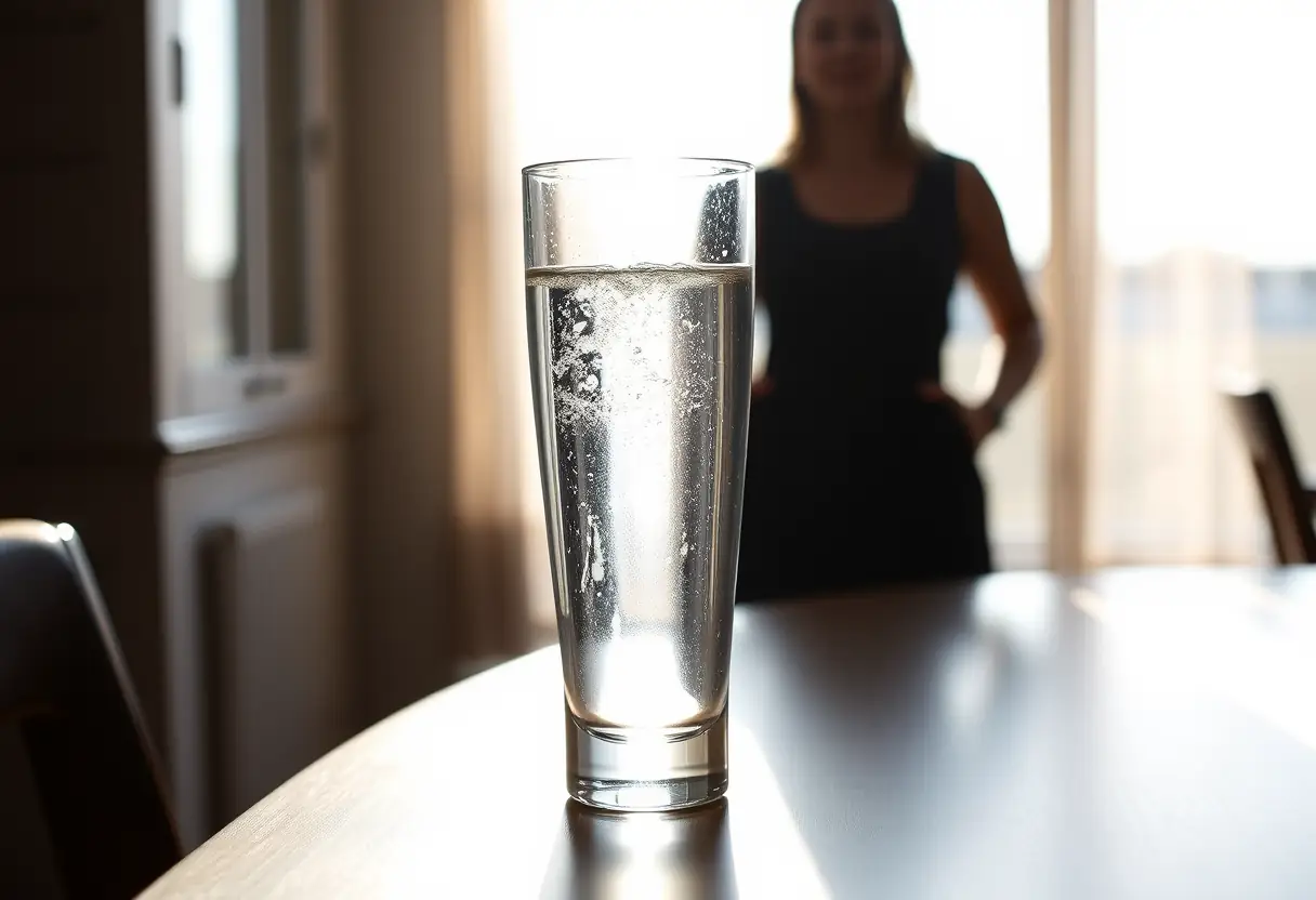 Silhouette d'une femme près d'un grand verre d'eau sur une table