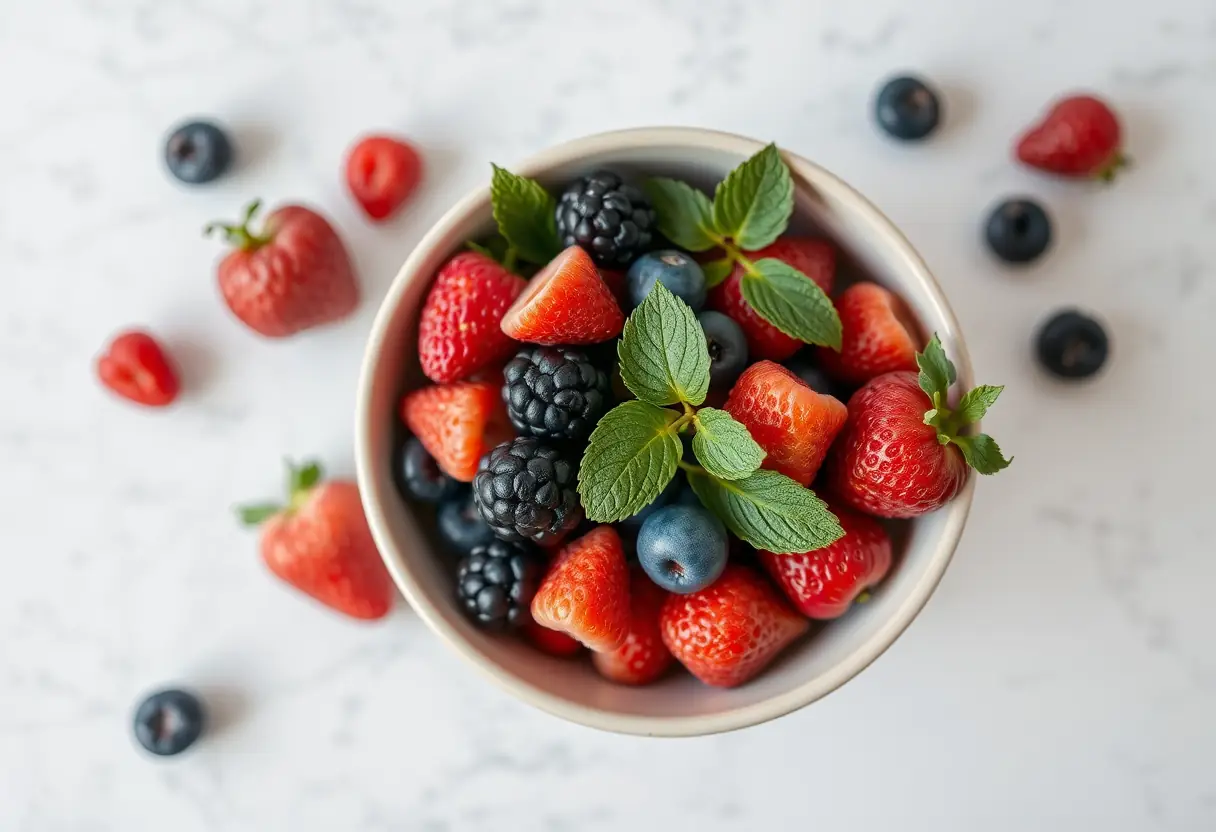 Vue aérienne d'une coupe de baies fraîches, illustrant l'importance des fruits riches en vitamines dans l'alimentation d'une femme enceinte