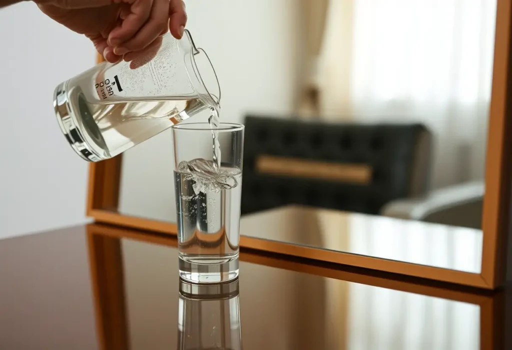 Une main versant de l'eau dans un verre clair, reflété dans un miroir proche, soulignant la sérénité de l'espace intérieur, mettant en valeur la simplicité de l'allaitement