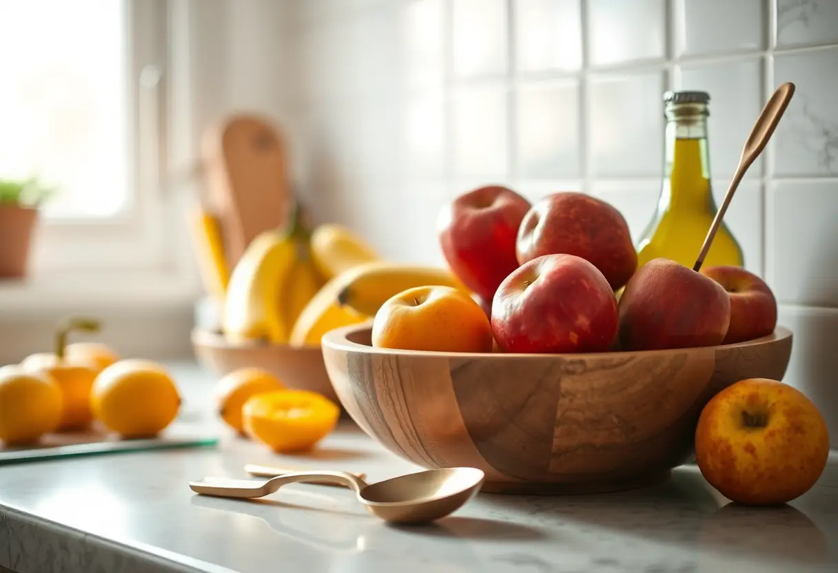 Un plan de travail de cuisine avec divers fruits frais, un bol en bois et une cuillère à côté d'une bouteille, la lumière diffuse met en valeur l'environnement accueillant, illustrant la douce routine de l'allaitement