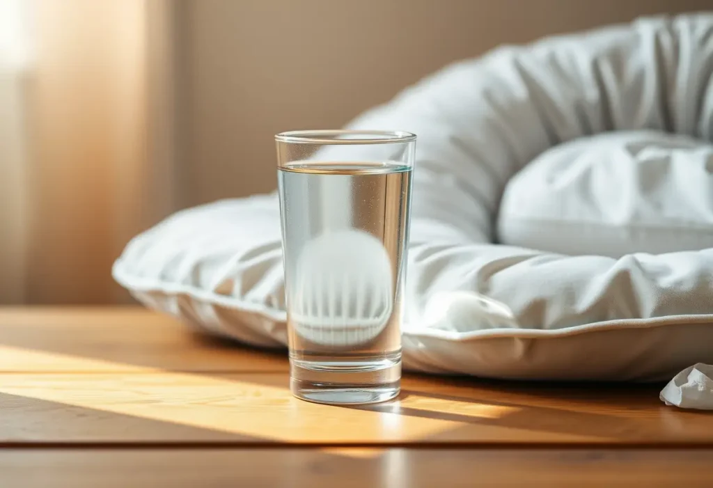 Un verre d'eau posé sur une table en bois à côté d'un coussin d'allaitement, reflétant la lumière qui met en valeur sa transparence, lien bienveillant.
