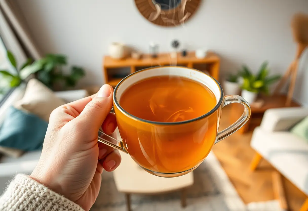 Une main tenant une tasse de thé chaud, la vapeur s'élevant doucement, le cadre montre un salon accueillant, lien bienveillant.